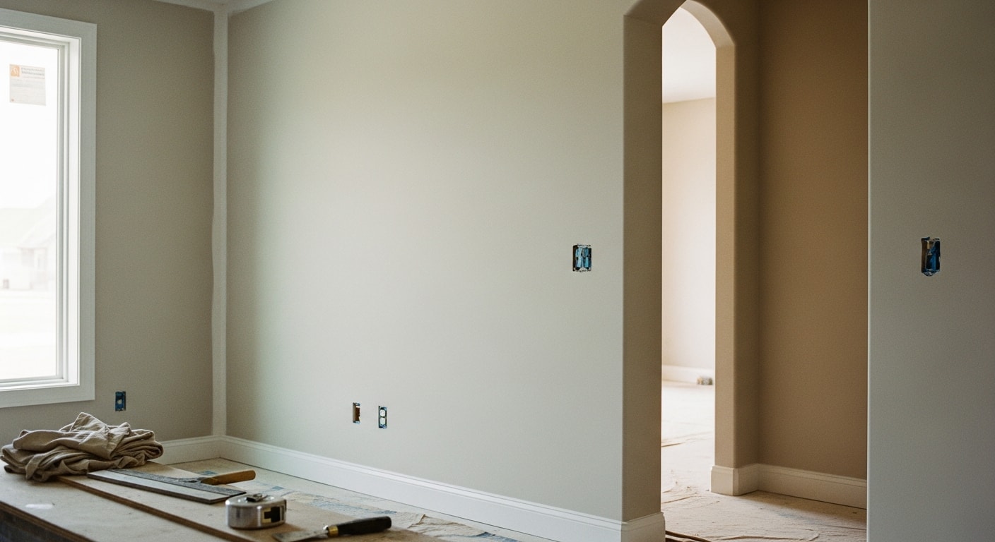 Interior home renovation showing new drywall, flooring, and paint
