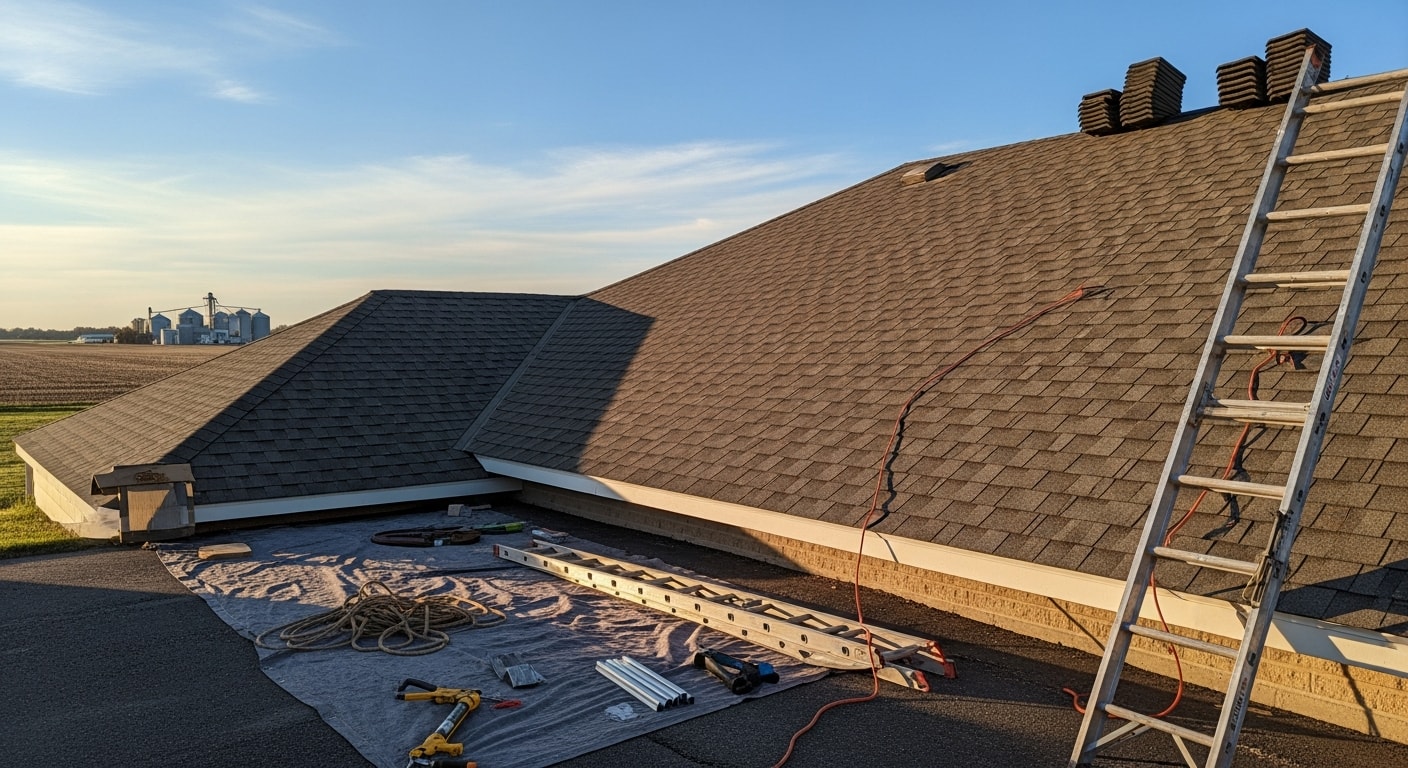 Professional roofer installing new roof shingles on residential home