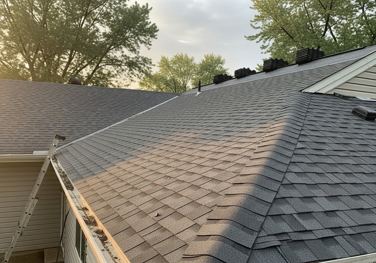 New architectural shingles installed on ranch home roof in Fairfield, Iowa