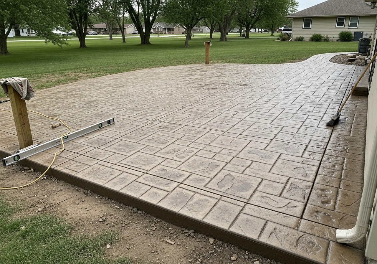 Stamped concrete patio with slate pattern in Bloomfield, Iowa