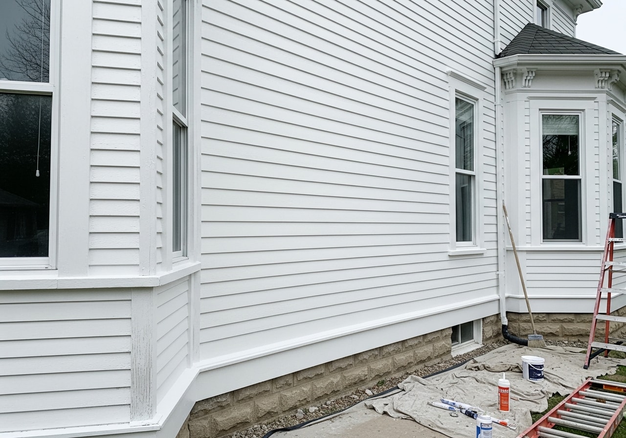 Freshly painted white exterior siding on Victorian home in Fort Madison, Iowa