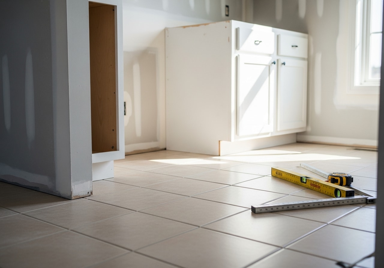 Newly renovated kitchen with ceramic tile flooring and drywall in Coralville, Iowa