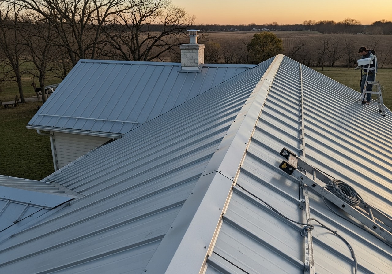 Standing-seam metal roof with new gutters on farmhouse in Iowa City