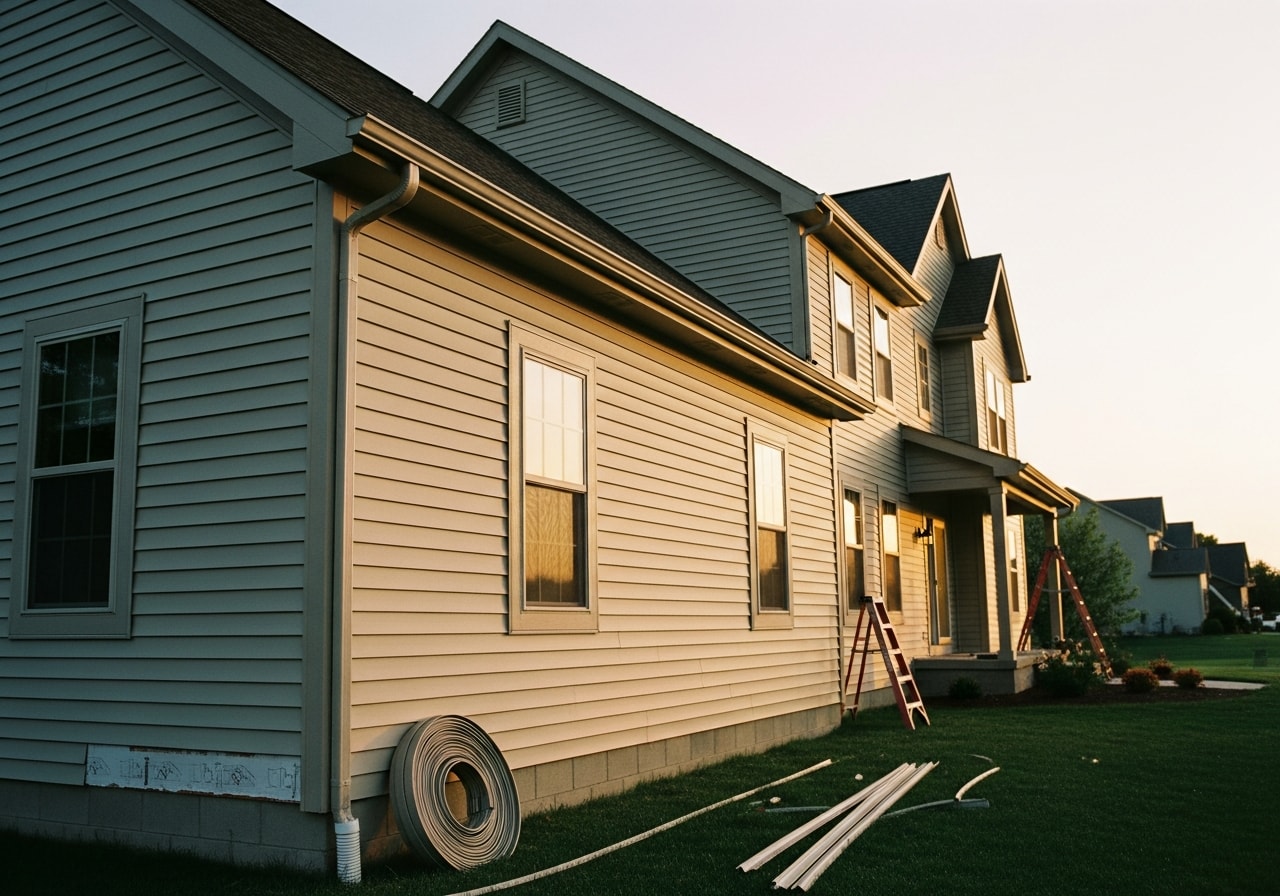 Tan vinyl siding with dark trim on two-story home in Ottumwa, Iowa