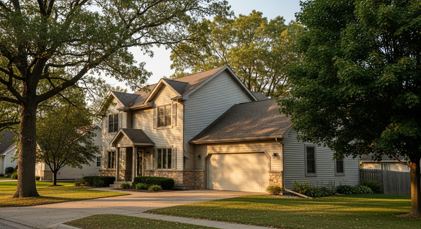 A well-maintained residential home in Fairfield, Iowa with mature landscaping and a clear driveway, representing quality home improvement work in the community.