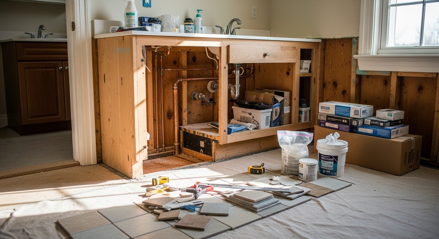 A remodeled bathroom in a Fairfield, Iowa home featuring updated tile, a new vanity, and a walk-in shower replacing an original tub surround. The finished space reflects a full general contractor remodel in a older Jefferson County home.