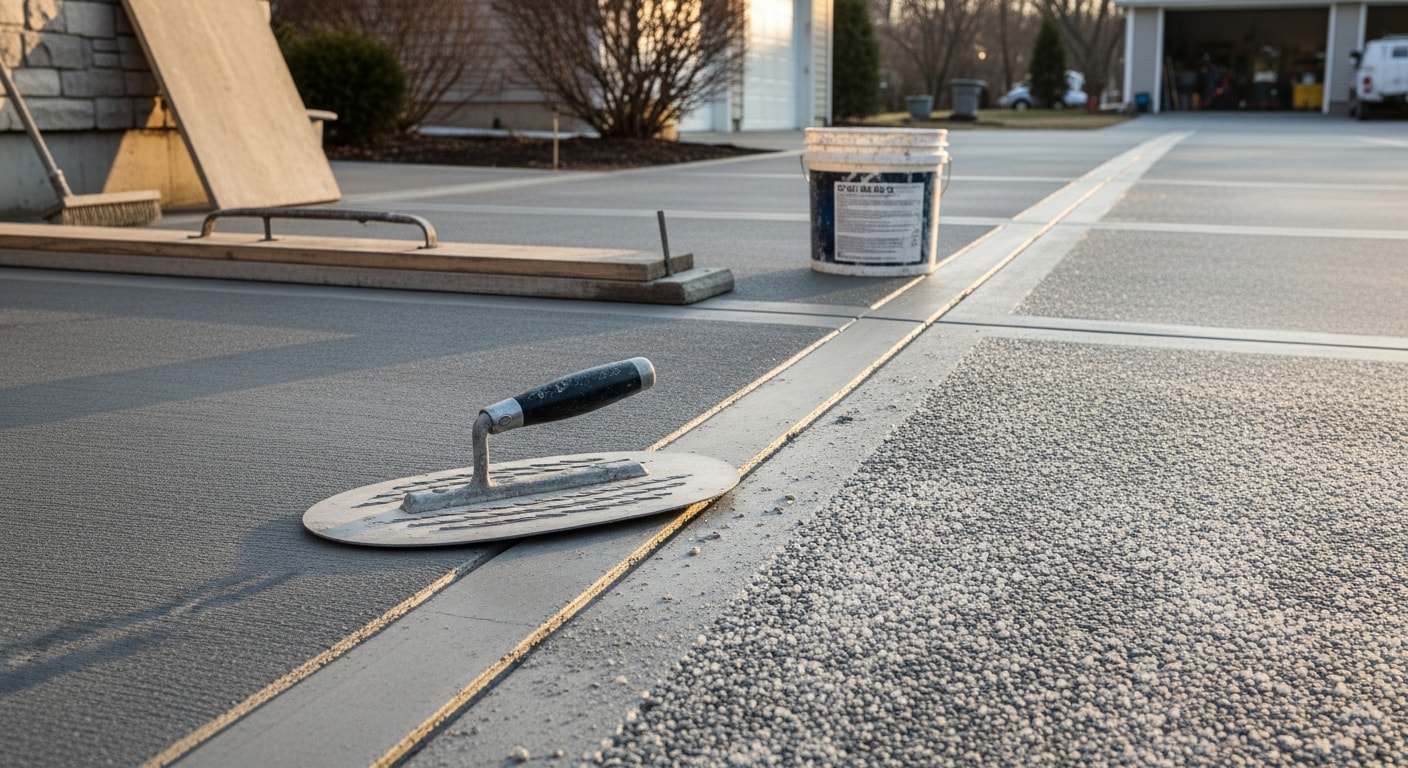 A freshly broom-finished concrete driveway slab at a residential property in Fairfield, Iowa, showing a clean, uniform surface texture with straight control joints. The slab runs from the street to a residential garage against a backdrop of a typical Jefferson County neighborhood streetscape.