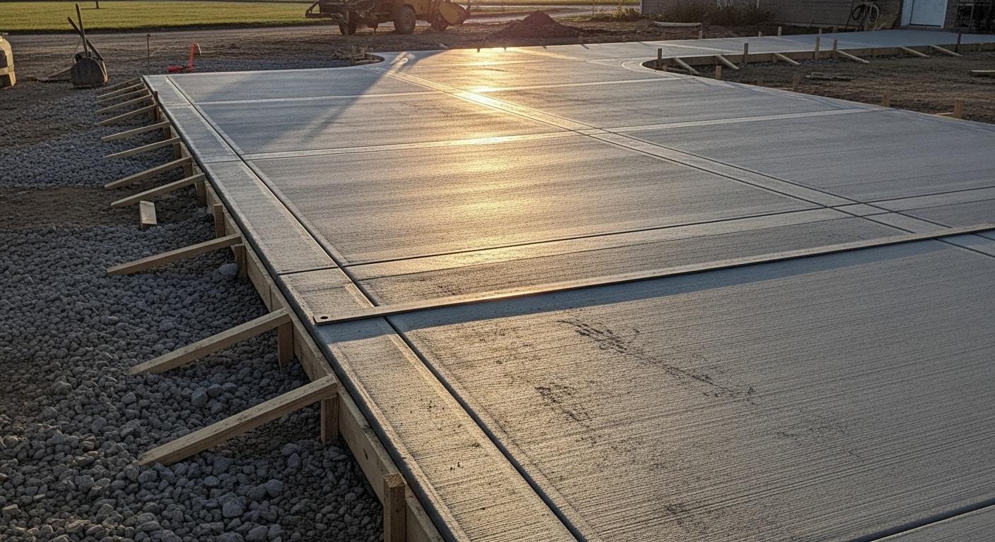 Freshly poured and broom-finished concrete driveway at a residential property in Fairfield, Iowa. The slab runs from the street to an attached garage with clean edges and visible control joints.