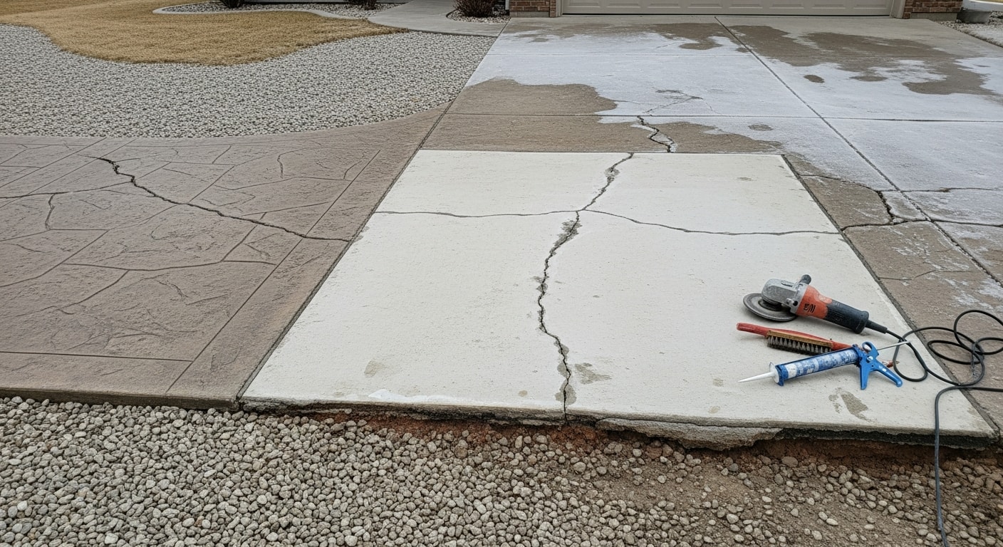 A repaired residential concrete driveway in Fairfield, Iowa with filled cracks and a smooth, level surface. The slab shows no visible spalling or uneven edges after professional concrete repair work.