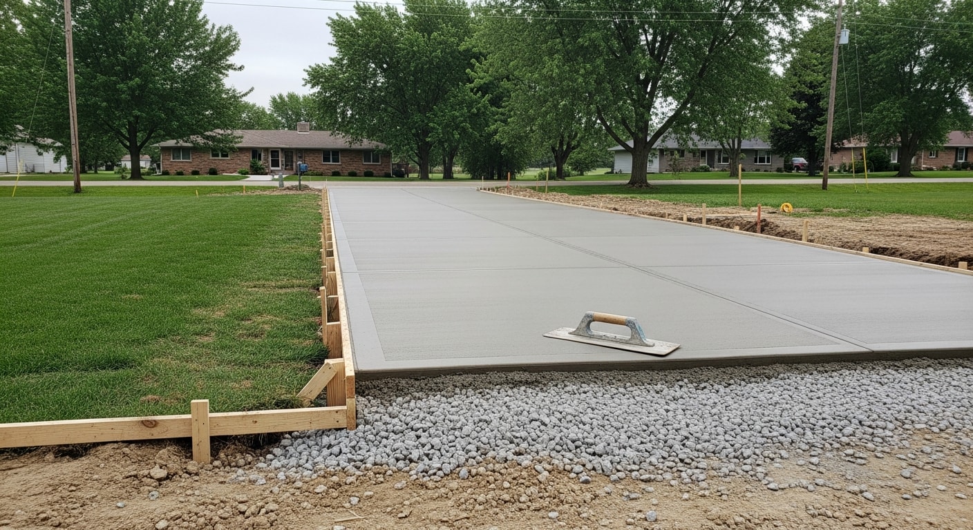 A freshly installed concrete driveway leading to a single-family home in Fairfield, Iowa, with clean edges, smooth surface finish, and visible control joints. The driveway connects the street to a detached garage on a residential lot.