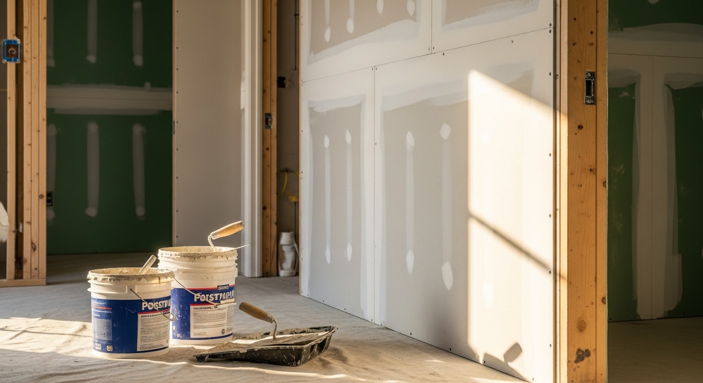 A freshly drywalled interior room in a Fairfield, Iowa home with smooth taped seams and finished walls ready for paint. The space shows clean corner work and consistent surface texture across walls and ceiling.