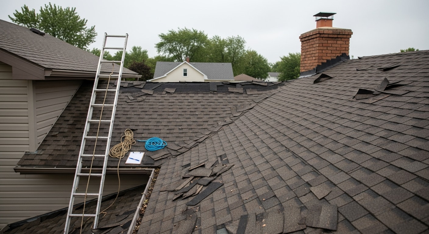 A Fairfield, Iowa residential home with storm-damaged shingles being repaired by a roofing crew after a severe weather event. Close-up view of a contractor securing the roof deck on a single-family home typical of central Fairfield's older housing stock.