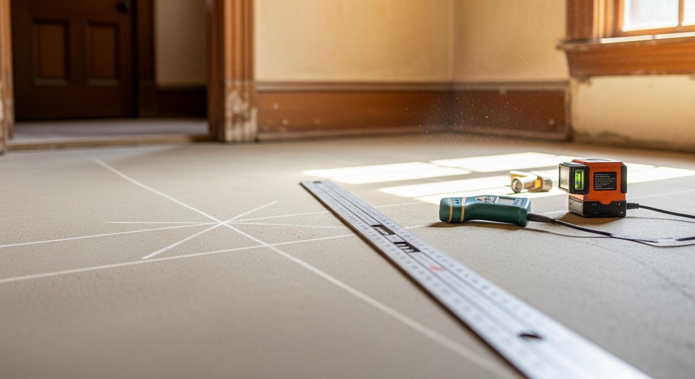 Freshly installed flooring in a Fairfield, Iowa home showing a clean, level surface across an open living area. A general contractor from Ideal Roofing LLC completes the final inspection of the finished floor near the room's entryway.