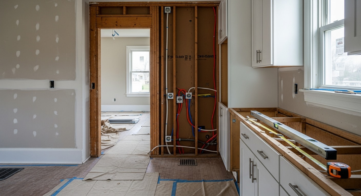 A remodeled kitchen inside an older single-family home in Fairfield, Iowa, showing new cabinetry, updated countertops, and modern light fixtures. The space reflects a practical layout update typical of older Jefferson County housing stock.