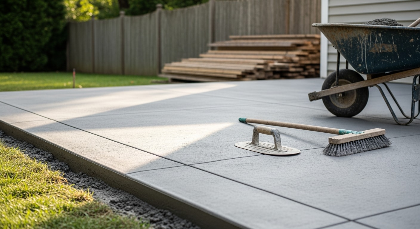 A freshly poured and finished concrete patio slab in the backyard of a residential home in Fairfield, Iowa. The smooth gray surface extends from the rear of the house toward a grassy yard, with clean edges and visible control joints.
