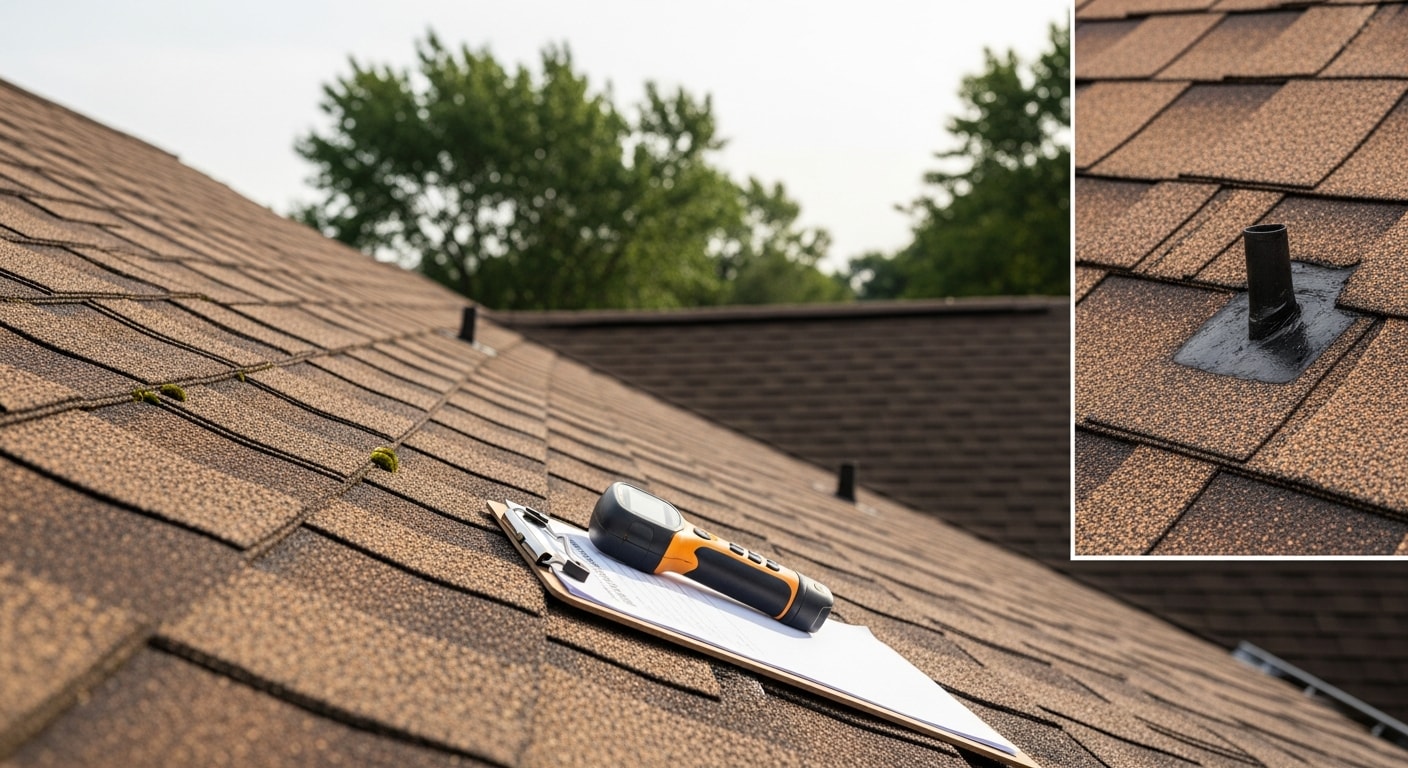A roofing contractor from Ideal Roofing LLC inspecting shingles and flashing on a single-family home in Fairfield, Iowa. Close-up view of the roof surface showing a detailed post-storm damage assessment.
