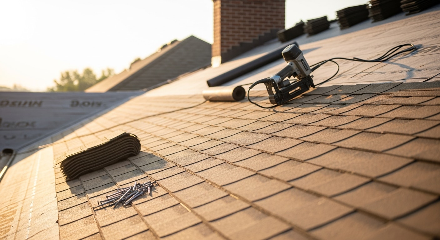 A completed residential roof installation on a single-family home in Fairfield, Iowa, showing new roofing material, clean ridge lines, and finished flashing around the chimney. The home reflects the older architectural style common across Fairfield's established neighborhoods.