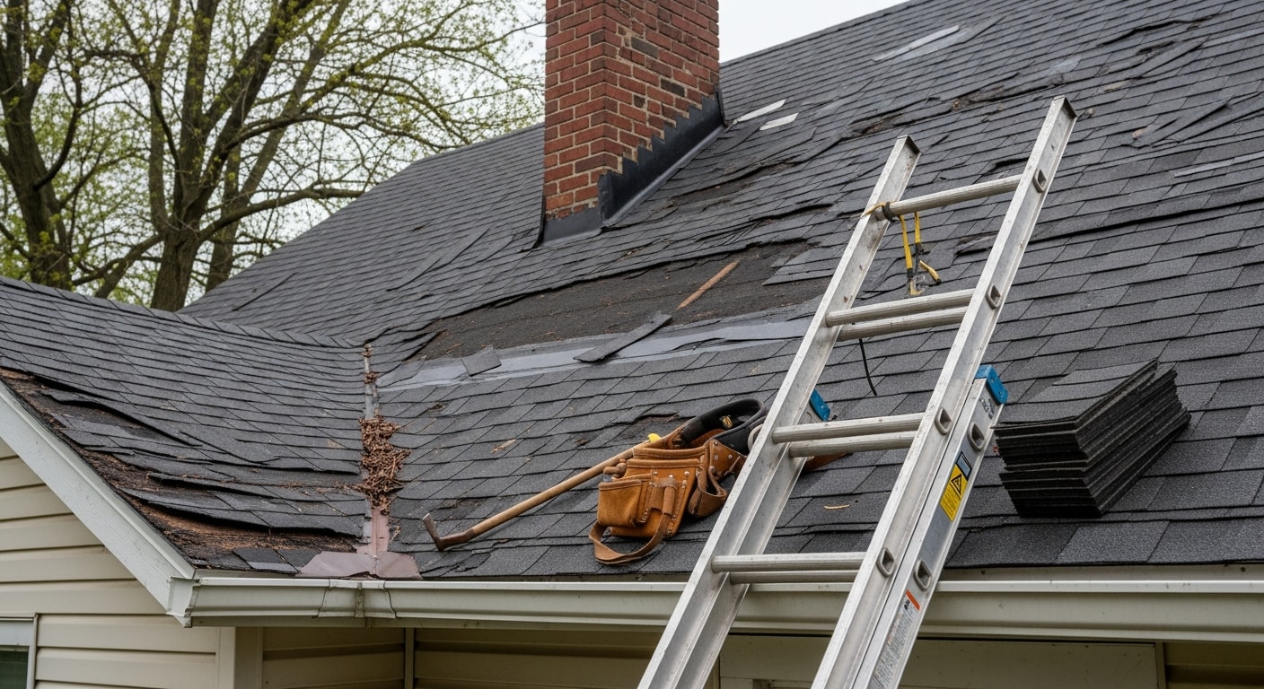 A roofing contractor from Ideal Roofing LLC replacing damaged shingles on a residential home in Fairfield, Iowa. Close-up view of repaired roof section showing new shingle installation on an older single-family home.