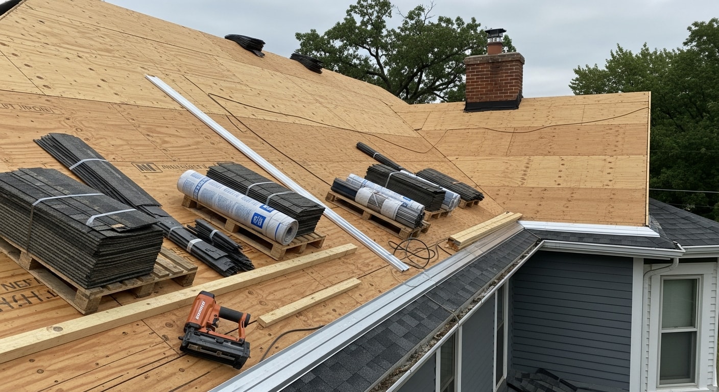 A Fairfield, Iowa single-family home with a newly completed roof replacement, showing clean shingle lines and new ridge cap installed by Ideal Roofing LLC. The older residential home sits on a tree-lined street typical of central Fairfield, with no visible damage or worn materials remaining.