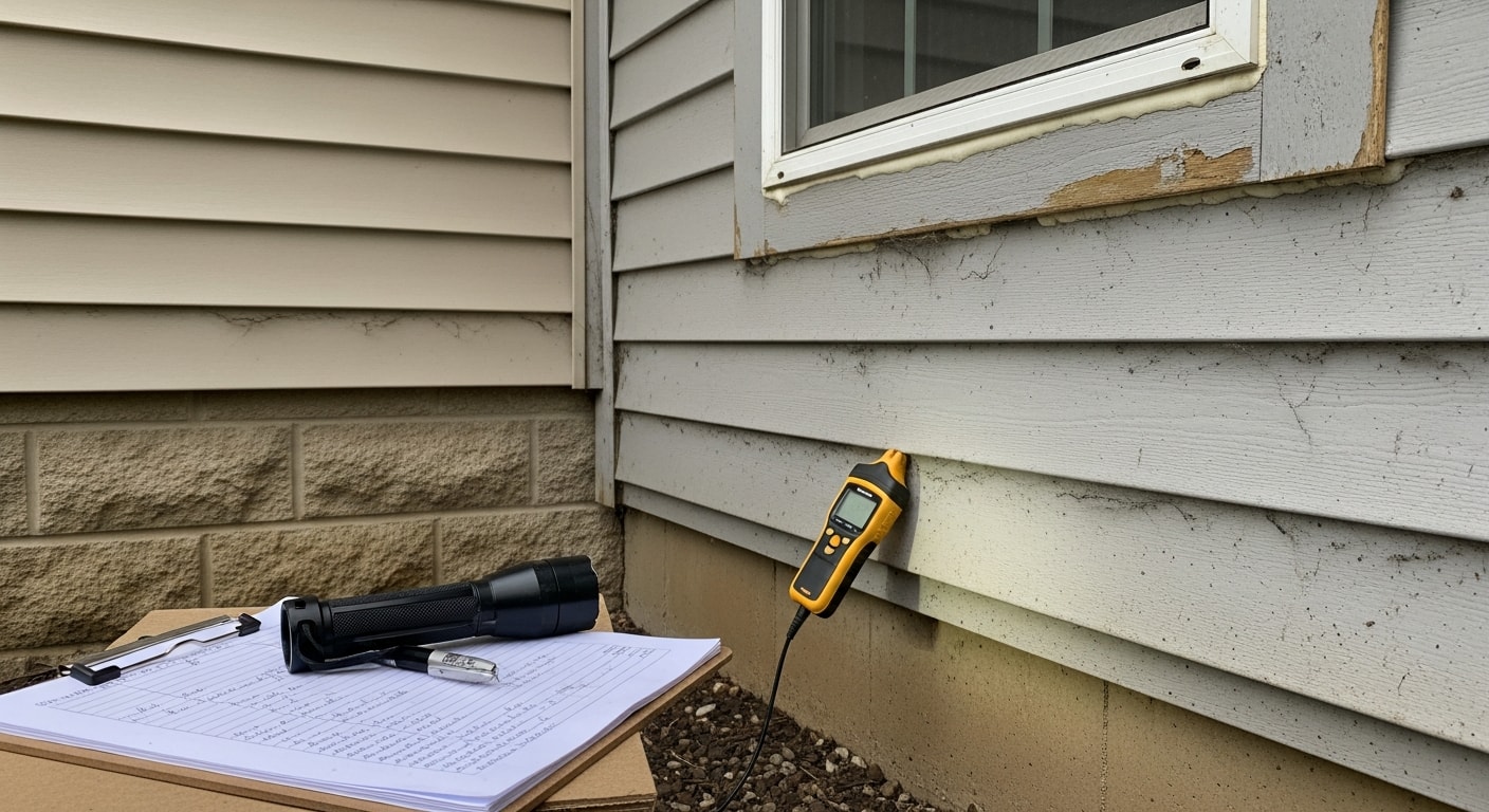 A siding contractor from Ideal Roofing LLC inspecting the exterior wall panels of a residential home in Fairfield, Iowa, checking for cracks, loose sections, and storm damage near a window trim line.