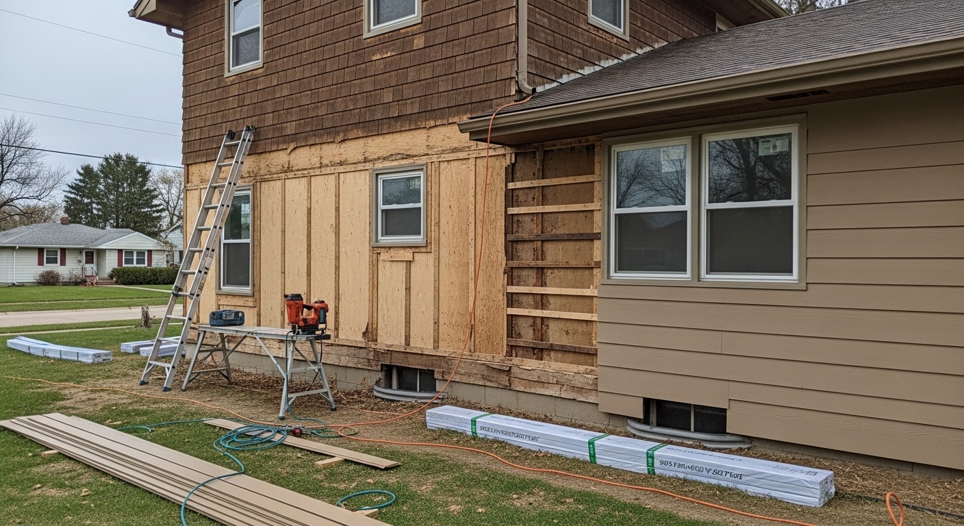 Newly installed siding on a single-family home in Fairfield, Iowa, showing clean exterior panels and updated trim. The home exterior reflects a completed siding installation on an older residential property typical of the Fairfield area.