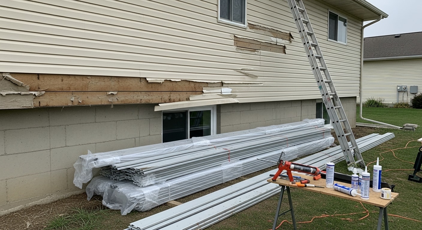 A Fairfield, Iowa single-family home with freshly repaired exterior siding, showing matched panel sections and a clean, sealed wall surface. Close-up view highlights the restored weather barrier along the home's storm-facing side.