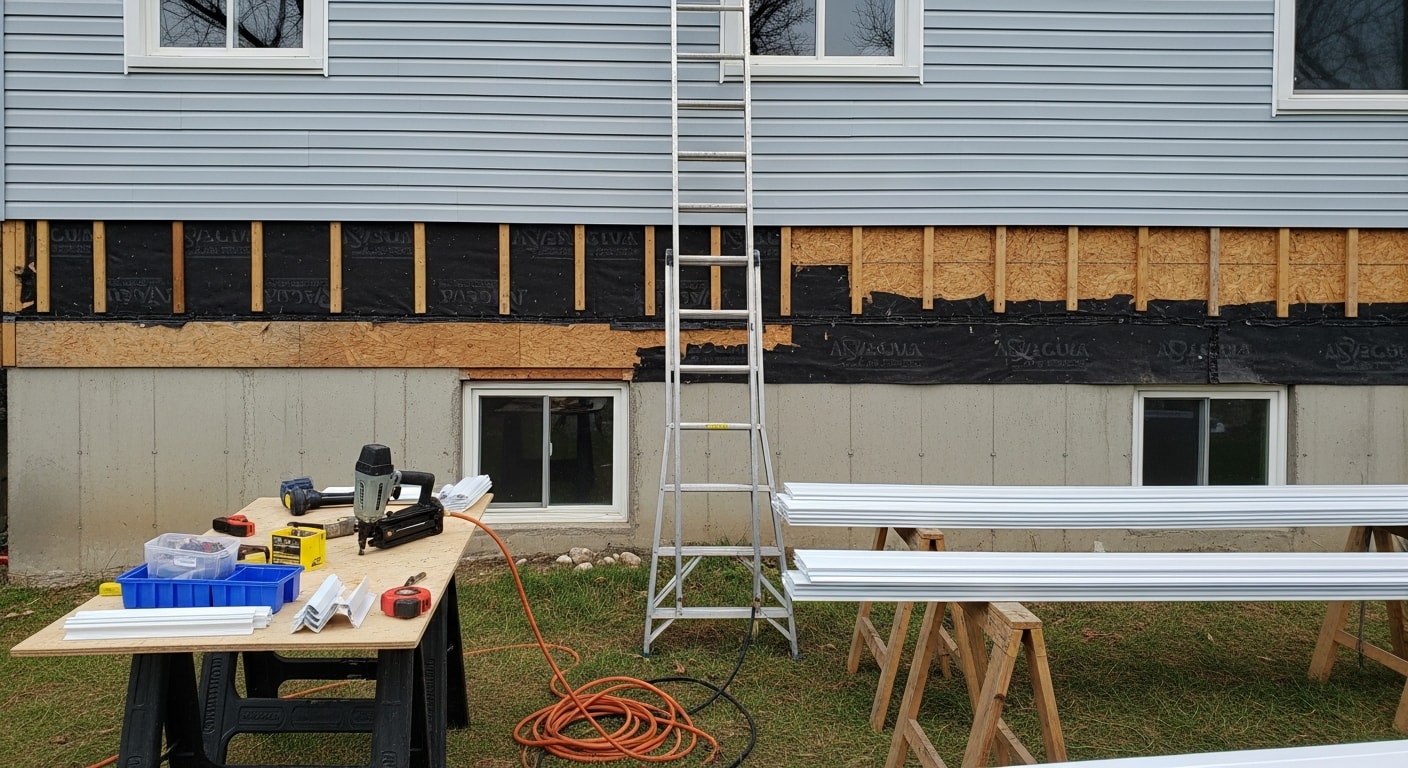 Freshly installed vinyl siding panels covering the exterior of a two-story residential home in Fairfield, Iowa. New corner trim and window casing are visible against the clean panel lines.